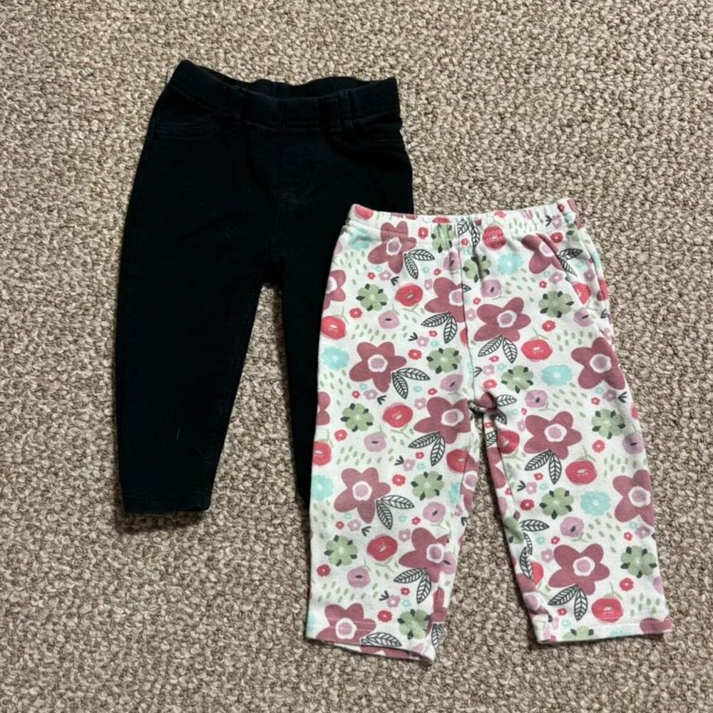 Bundle of 2 Baby Girl Pants Black Jegging White Floral 6-9 Months